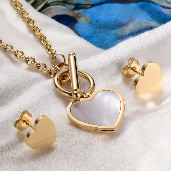 🆕️18K Gold Plated Heart Jewelry Set 💖Dainty Earrings & Necklace w/ Shell Inlay - Picture 9 of 11